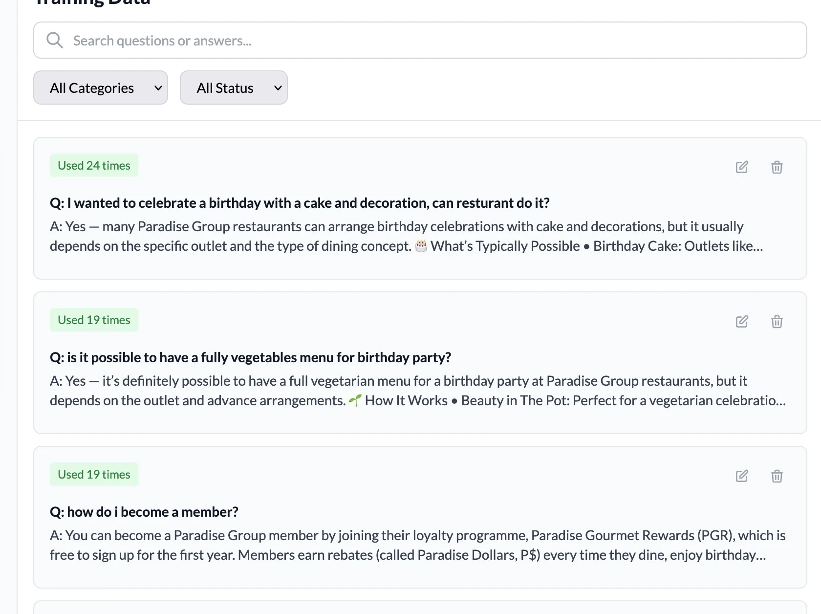 Lab training interface where you add Q&A pairs
